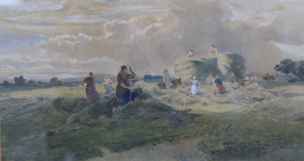 David Cox (1783-1859), heightened watercolour, Figures haymaking, signed, 20 x 37cm. Condition - some discolouration throughout